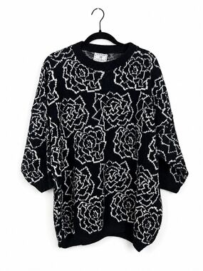 Vintage 90s Limited Express Rose Sweater Large Black White Cottagecore Cozy